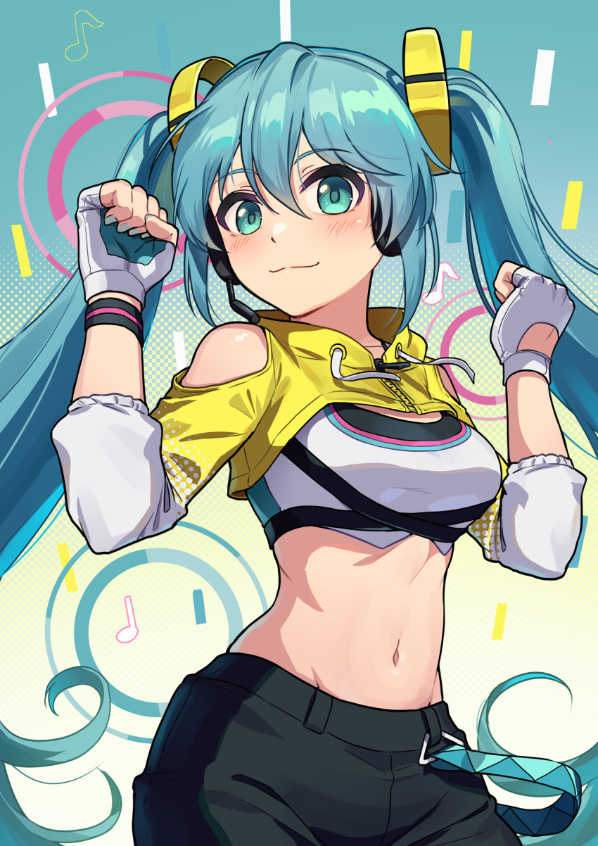 :3 aqua_eyes aqua_hair bare_shoulders breasts clenched_hands closed_mouth clothing_cutout commentary cowboy_shot eighth_note female fingerless_gloves fitness_boxing fitness_boxing_feat._hatsune_miku:_isshoni_exercise gloves gradient_background gradient_hair hair_between_eyes hands_up hatsune_miku headset highres kamille_(vcx68) long_hair looking_at_viewer medium_breasts midriff multicolored_hair musical_note navel official_alternate_costume pants quarter_note revision shoulder_cutout shrug_(clothing) smile solo sports_bra stomach twintails very_long_hair vocaloid