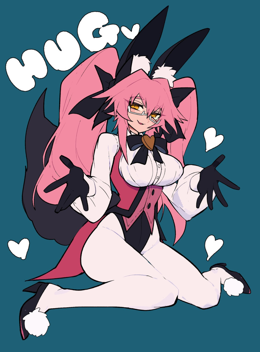 animal_ear_fluff animal_ears black_bow black_gloves blush bow breasts coattails collared_shirt corset dress_shirt fate/grand_order fate_(series) female fox_tail glasses gloves hacco_mayu hair_between_eyes hairbow high_heels highres koyanskaya_(assassin)_(second_ascension)_(fate) koyanskaya_(fate) large_breasts long_hair long_sleeves looking_at_viewer open_mouth pantyhose pink_hair rabbit_ears shirt sidelocks sitting smile solo tail tamamo_(fate) twintails underbust white_pantyhose white_shirt yellow_eyes