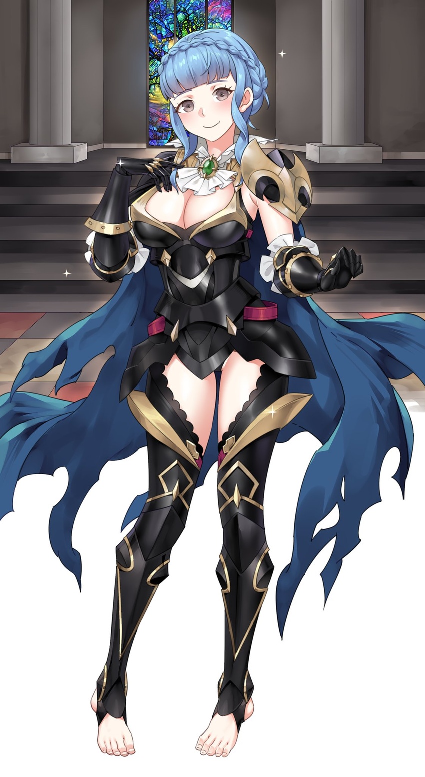 alternate_costume armor armored_leotard ascot black_armor black_gloves blue_cape blue_hair blunt_bangs braid breasts brown_eyes cape cleavage closed_mouth commentary commission corrin_(female)_(fire_emblem) corrin_(female)_(fire_emblem)_(cosplay) corrin_(female)_(nohr_noble)_(fire_emblem) corrin_(fire_emblem) cosplay crown_braid english_commentary feet female fire_emblem fire_emblem:_three_houses fire_emblem_fates fire_emblem_heroes gauntlets gloves highres igni_tion indoors large_breasts marianne_von_edmund no_shoes plackart short_hair shoulder_armor sidelocks smile solo stirrup_legwear toeless_legwear toenails toes torn_cape torn_clothes white_ascot