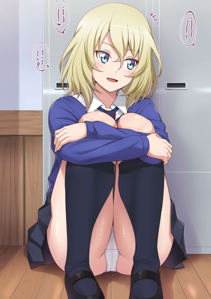 :d bc_freedom_school_uniform black_footwear black_socks blonde_hair blue_cardigan blue_eyes blue_necktie blush cardigan commentary commission diagonal-striped_clothes diagonal-striped_necktie dress_shirt female girls_und_panzer girls_und_panzer_saishuushou highres indoors kneehighs knees_up loafers medium_hair messy_hair mibushiro necktie open_mouth oshida_(girls_und_panzer) panties pantyshot red_necktie school_uniform shirt shoes sitting skeb_commission smile socks solo striped_clothes underwear white_panties white_shirt wing_collar wooden_floor