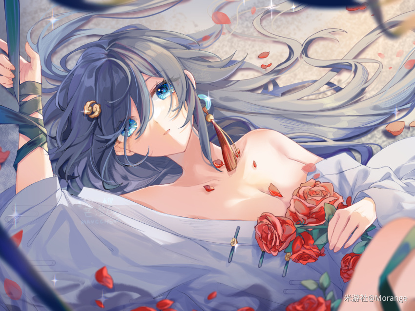 alternate_costume artist_name bare_shoulders blue_eyes blue_hair breasts china_dress chinese_clothes chinese_commentary cleavage dress female flower fu_hua green_rope grey_hair hair_between_eyes hair_ornament hanfu honkai_(series) honkai_impact_3rd long_hair lying mangzhi_yaoyao medium_breasts off_shoulder on_back on_floor red_flower rope rose solo sparkle upper_body white_dress