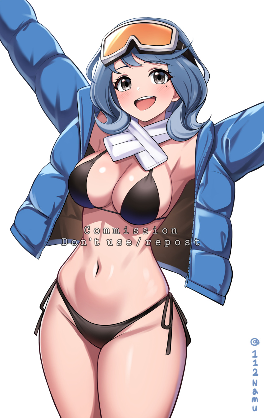 arms_up bikini black_eyes black_jacket blue_archive blue_hair blue_jacket breasts cleavage coat commission cosplay eimi_(blue_archive) eimi_(blue_archive)_(cosplay) eimi_(swimsuit)_(blue_archive) female goggles goggles_on_head highres jacket large_breasts medium_hair namu_(112namu) open_clothes open_jacket original outstretched_arms pixiv_commission scarf side-tie_bikini_bottom simple_background ski_goggles solo swimsuit twitter_username white_background white_scarf winter_clothes winter_coat