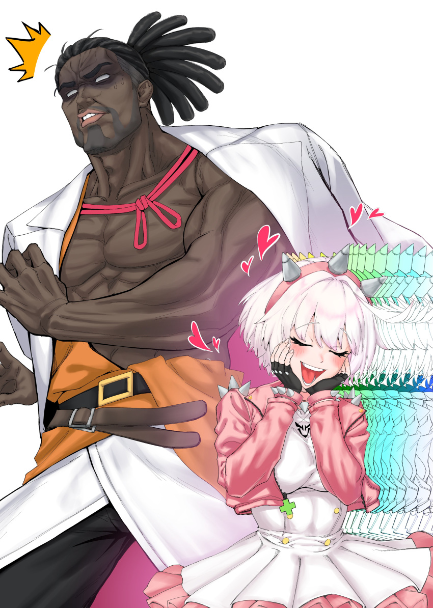 1boy absurdres ahoge arm_out_of_sleeve bam.g black_hair blush bracelet breasts clover collar dark-skinned_male dark_skin dreadlocks dress elphelt_valentine female four-leaf_clover frilled_dress frills guilty_gear guilty_gear_strive hairband highres huge_ahoge jacket jewelry large_breasts long_hair muscular muscular_male nagoriyuki open_mouth pink_dress pink_hairband pink_jacket smile spiked_bracelet spiked_collar spiked_hairband spikes two-tone_dress very_dark_skin white_dress white_hair