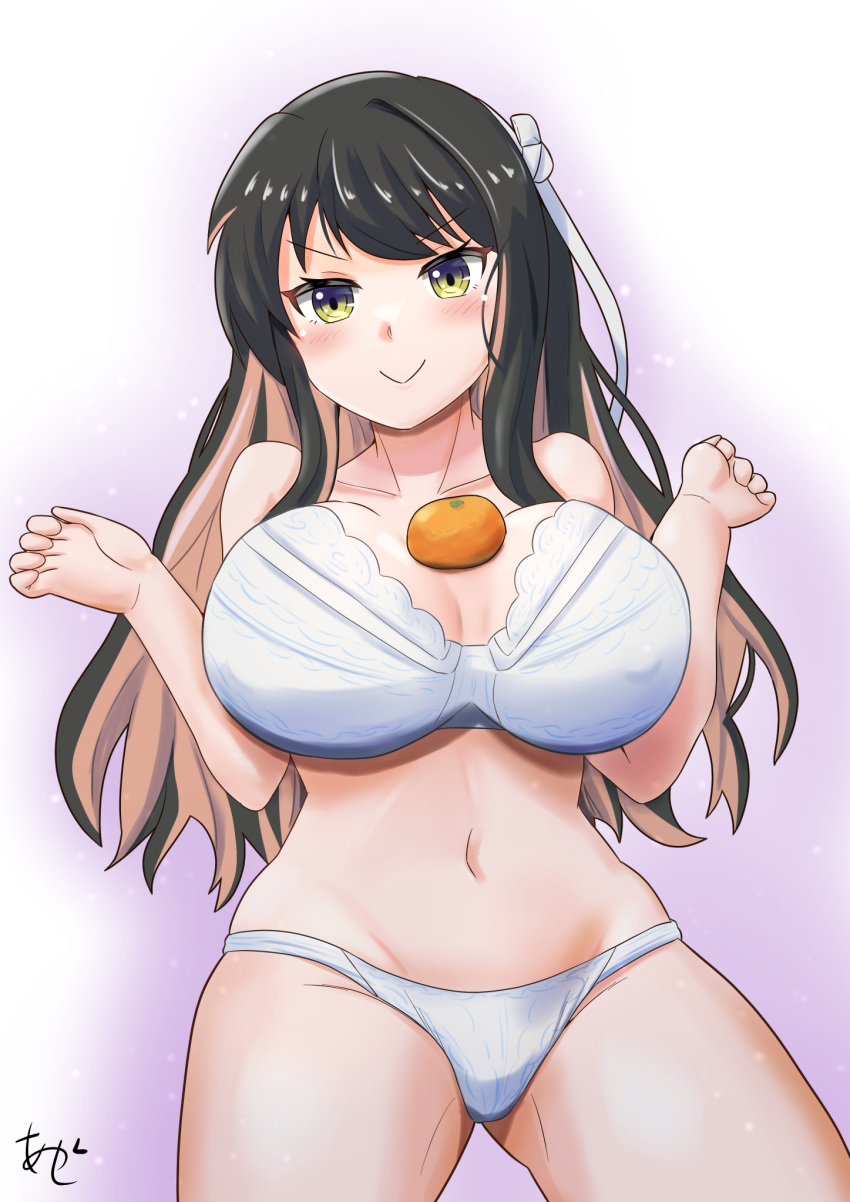 akashieru black_hair blush bra breasts cowboy_shot embarrassed female food fruit gradient_background hair_ribbon hairband highres kantai_collection large_breasts long_hair looking_at_viewer multicolored_hair naganami_(kancolle) naganami_kai_ni_(kancolle) orange_(fruit) panties pink_background pink_hair ribbon signature solo two-tone_hair underwear wavy_hair white_bra white_panties yellow_eyes