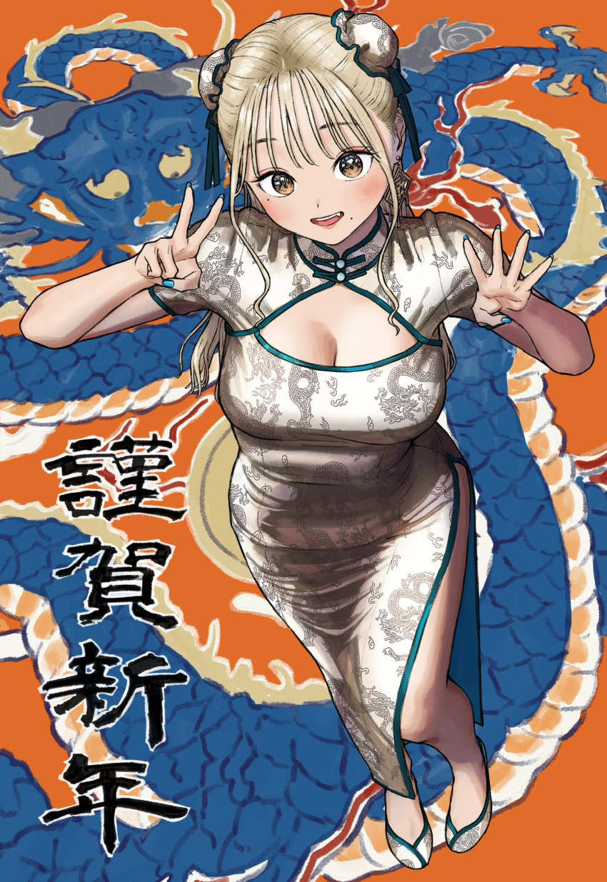 :d aqua_nails bare_arms blonde_hair blurry blurry_background breasts brown_eyes bun_cover china_dress chinese_clothes chinese_zodiac cleavage_cutout clothing_cutout curry_soba double_bun dragon_print dress earrings eyelashes eyeshadow female from_above full_body hair_bun hands_up highres jewelry large_breasts long_hair makeup mole mole_under_eye mole_under_mouth nail_polish orange_background original print_dress shoes short_sleeves side_slit smile solo standing v white_dress white_footwear year_of_the_dragon