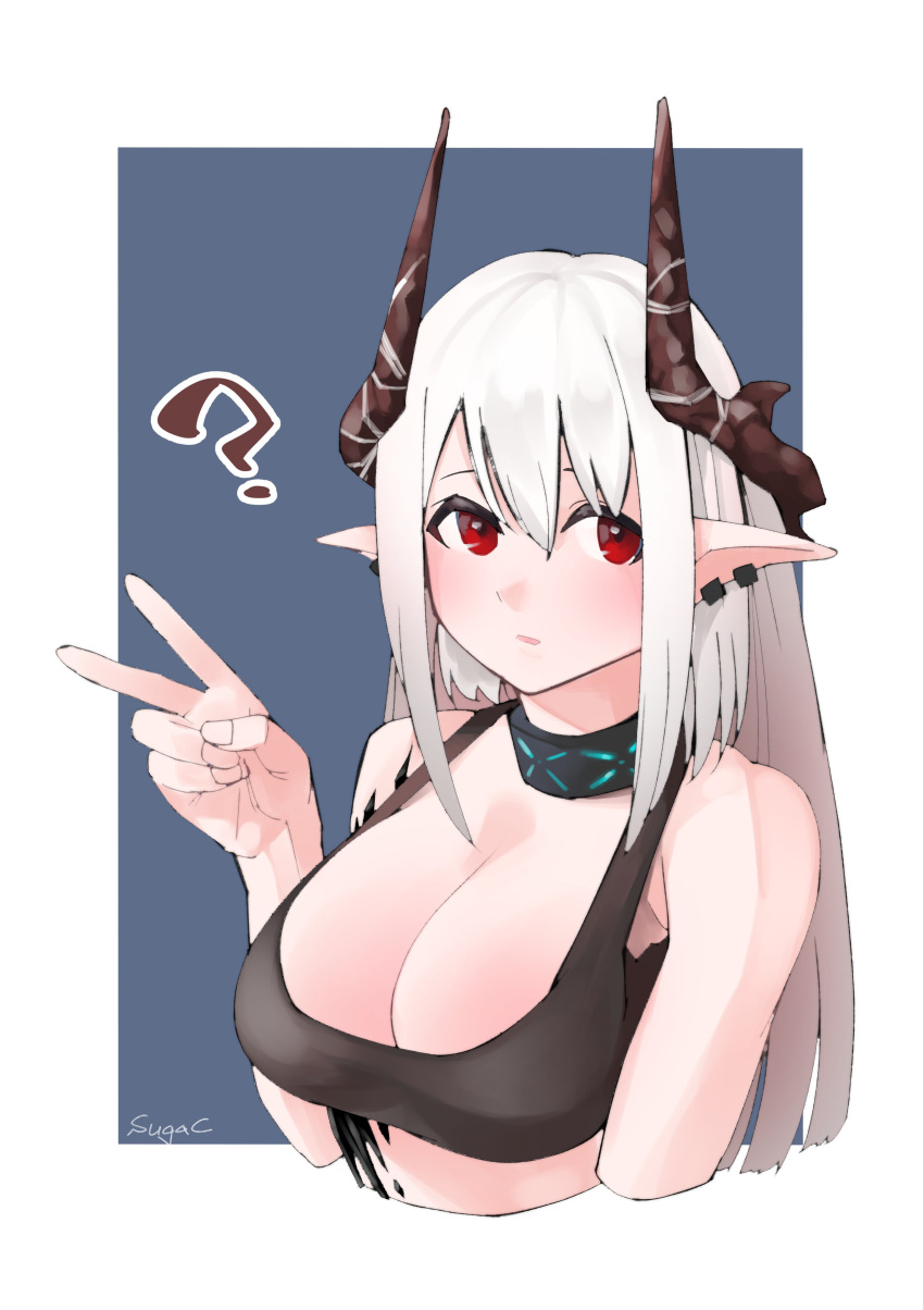 ? absurdres arknights artist_name bare_shoulders black_shirt blue_background blush border breasts cleavage collar cropped_torso earrings female fingernails hand_up highres horns jewelry large_breasts long_hair looking_at_viewer mudrock_(arknights) open_mouth parted_lips pointy_ears red_eyes shirt sidelocks solo sugac tank_top upper_body v white_border white_hair