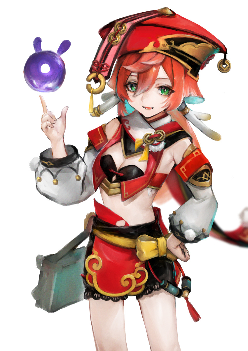 absurdres animal_ears antlers bare_shoulders black_bloomers black_bra bloomers bow bra breasts cleavage coin_hair_ornament crop_top detached_sleeves feet_out_of_frame female genshin_impact green_eyes hair_between_eyes hair_ornament hand_on_own_hip hand_up hat highres horns long_hair long_sleeves looking_at_viewer midriff okitsuma open_mouth orange_hair porkpie_hat puffy_long_sleeves puffy_sleeves red_hat seelie_(genshin_impact) simple_background small_breasts smile solo tassel underwear waist_bow white_background white_sleeves yanfei_(genshin_impact) yellow_bow