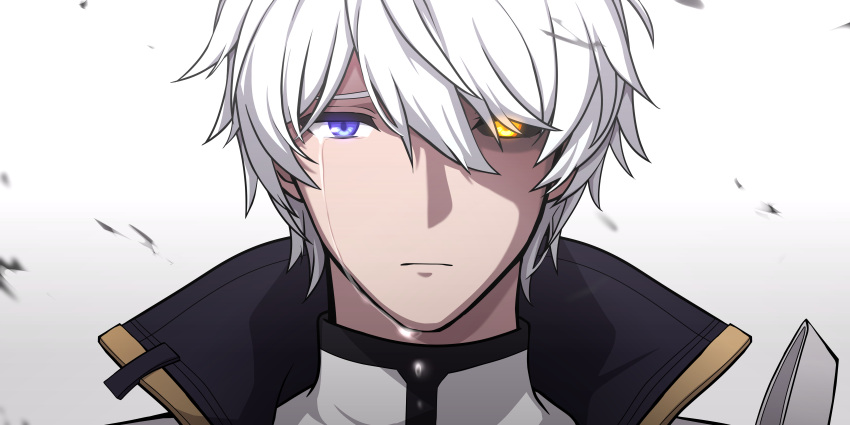 1boy absurdres blue_eyes close-up closed_mouth crying crying_with_eyes_open glowing glowing_eye hair_between_eyes hair_over_one_eye heterochromia highres honkai_(series) honkai_impact_3rd kaixuan_lushang kevin_kaslana looking_at_viewer male_focus short_hair simple_background solo tears white_background white_hair yellow_eyes