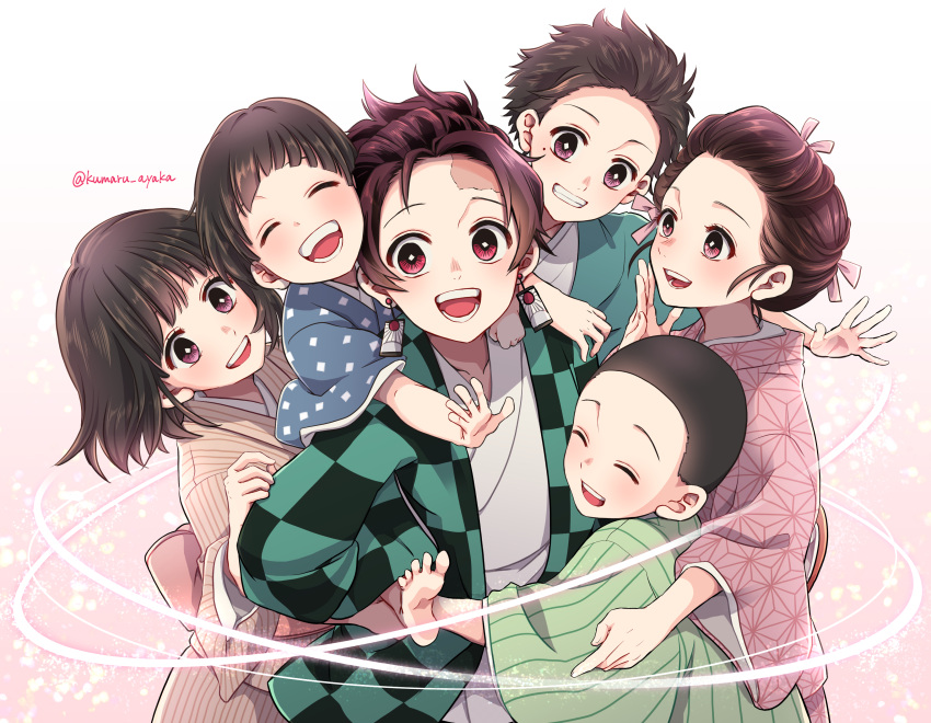 2girls 3boys :d ^_^ absurdres brown_eyes brown_hair carrying closed_eyes earrings grin hair_ribbon hanafuda haori highres hug japanese_clothes jewelry kamado_hanako kamado_nezuko kamado_rokuta kamado_shigeru kamado_takeo kamado_tanjirou kimetsu_no_yaiba kimono kumaru_ayaka mole mole_under_eye multiple_boys multiple_girls open_mouth piggyback ribbon scar scar_on_face scar_on_forehead siblings smile twitter_username