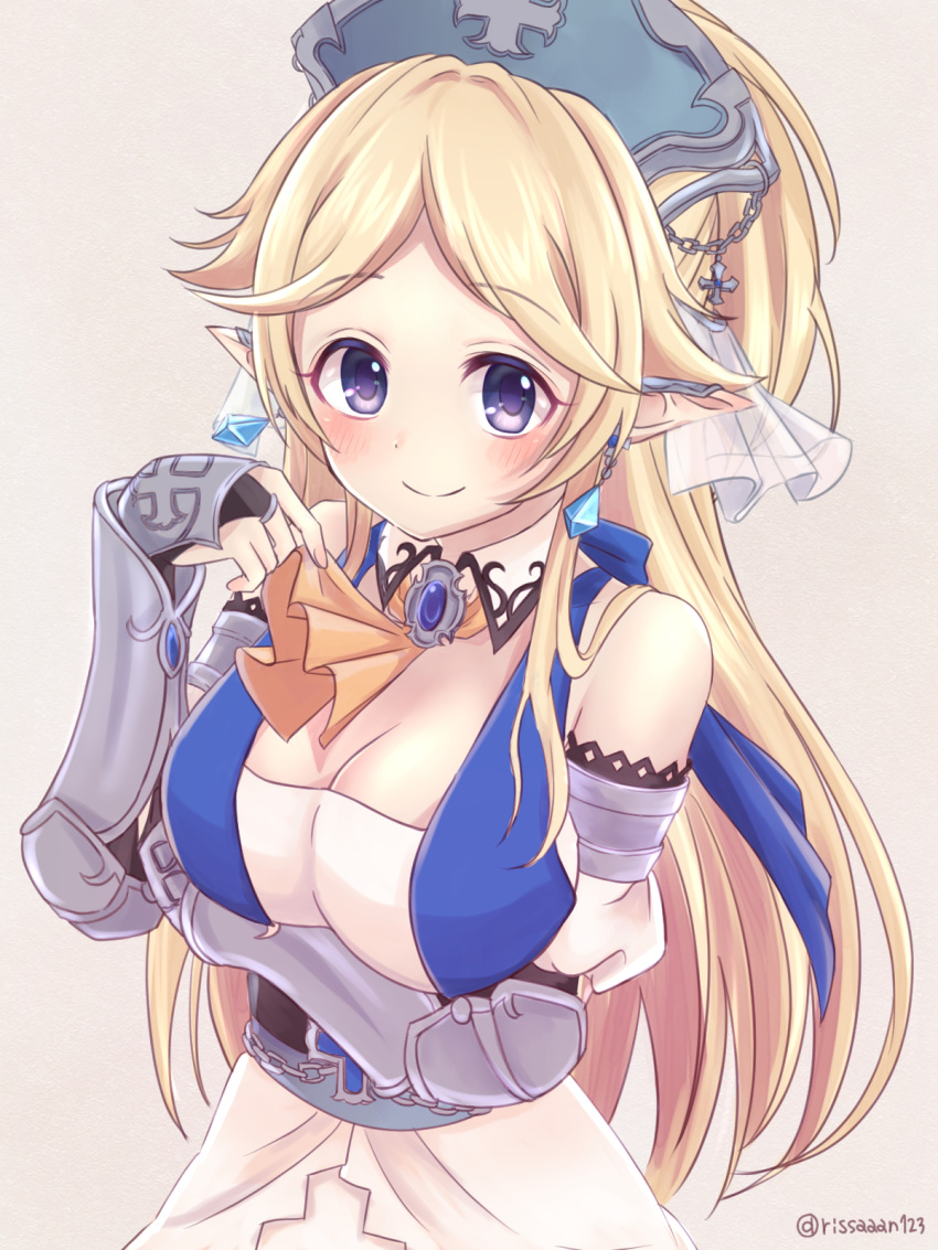 arm_under_breasts artist_name ascot blonde_hair blush breasts bridal_gauntlets chains cleavage closed_mouth collar cross detached_collar diamond_earrings earrings elf female fingerless_gloves gauntlets gem gloves headgear highres jewelry large_breasts long_hair looking_at_viewer neckwear_lift parted_bangs pointy_ears ponytail princess_connect! purple_eyes rissaaaan sidelocks signature simple_background sleeveless smile solo split_mouth twitter_username white_background yukari_(princess_connect!)