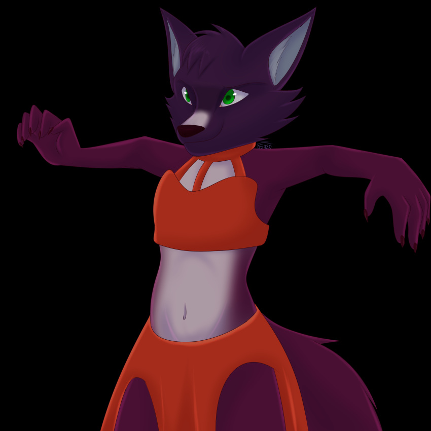 1:1 2019 5_fingers absurd_res ambiguous_gender anthro brown_nose canid canine canis claws clothed clothing damian5320 digital_media_(artwork) fingers fur green_eyes hair hi_res mammal midriff multicolored_body multicolored_fur multicolored_hair navel red_claws simple_background smile solo standing tribal tribal_clothing wolf