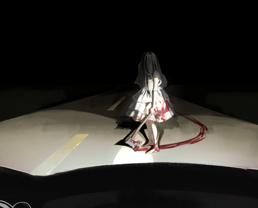 axe bad_id bad_twitter_id bare_arms barefoot black_hair blood blood_on_clothes blood_on_feet blood_on_leg blood_trail chikapuka commentary covered_face dress female hair_over_face highres holding holding_axe horror_(theme) layered_dress long_hair night original pov road see-through shadow short_dress sleeveless sleeveless_dress solo standing straight_hair street veil white_dress