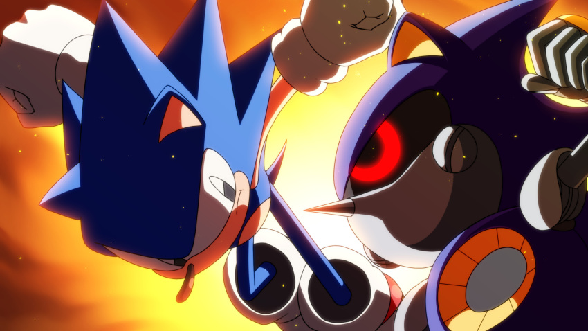 2boys banel_springer battle furry furry_male gloves highres male_focus metal_sonic multiple_boys robot shoes sonic_(series) sonic_the_hedgehog sonic_the_hedgehog_(classic) white_gloves