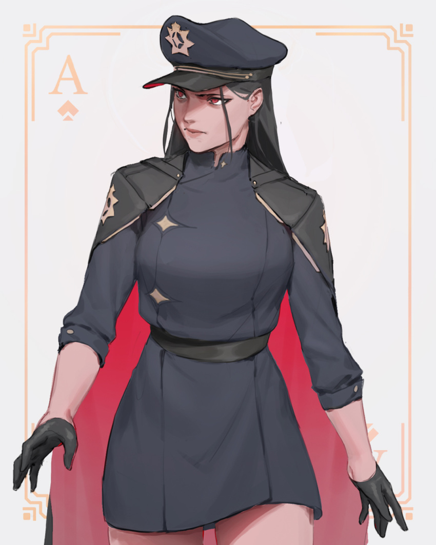 black_cape black_gloves black_hair black_sash cape card closed_mouth coat cowboy_shot female gloves grey_coat half_gloves hat highres long_hair original peaked_cap playing_card red_cape red_eyes sash solo standing two-sided_cape two-sided_fabric umber white_background