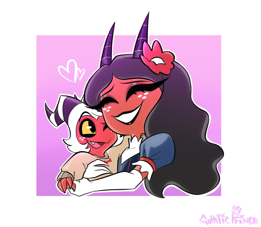 duo female gothiicprince grey_hair hair heart_symbol helluva_boss hi_res horn hug imp long_hair male mother_(lore) mother_and_child_(lore) mother_and_son_(lore) moxxie's_mother moxxie_(helluva_boss) parent_(lore) parent_and_child_(lore) parent_and_son_(lore) pink_background red_body red_skin simple_background smile son_(lore) white_background yellow_eyes