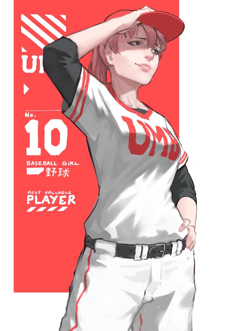 baseball_cap belt black_belt black_eyes cowboy_shot female freckles hand_up hat highres jersey original pants parted_lips pink_hair ponytail red_hat shirt short_sleeves smile solo standing umber white_pants white_shirt