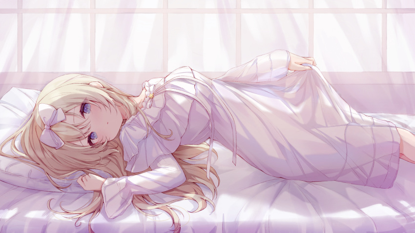 arched_back bed_sheet blue_eyes blush bow commentary_request dress female from_side fusuma_(ramunezake) hairbow highres long_hair long_sleeves looking_at_viewer looking_to_the_side lying on_back on_bed original parted_lips pillow ribbon see-through skirt_hold solo star_(symbol) very_long_hair white_bow white_dress white_ribbon