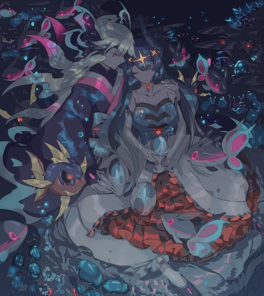 1boy arm_around_shoulder bad_id bad_pixiv_id black_hair blonde_hair blue_hair breasts carvanha cleavage closed_eyes dress egg elbow_gloves female finneon gem gloves highres horns lemming_no_suana lumineon personification pokemon pokemon_(creature) pokemon_egg red_eyes sharpedo staryu underwater white_gloves wide_sleeves