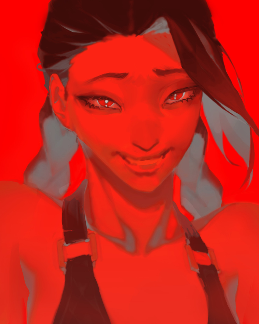 commentary english_commentary female grin highres jinx_(league_of_legends) league_of_legends long_hair looking_at_viewer monochrome red_background red_eyes red_theme simple_background smile solo umber