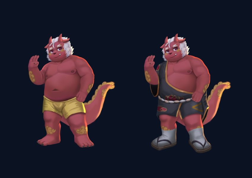 2021 aipangpangdeyua anthro clothing dragon footwear hi_res horn humanoid_hands kemono male mythological_creature mythological_scalie mythology overweight overweight_anthro overweight_male red_body sandals scalie solo tail underwear