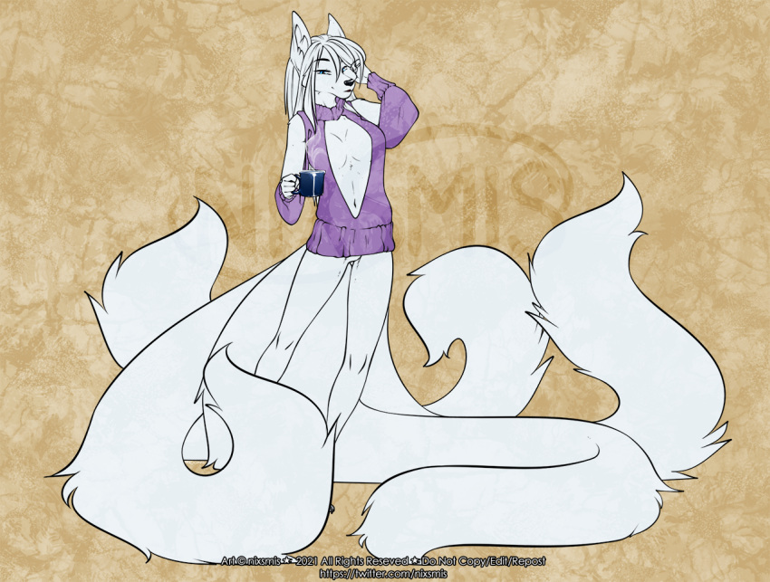 2021 5_fingers alishka anthro avoid_posting breasts clothed clothing digital_media_(artwork) female fingers fur hair krinele_fullin multi_tail smile tail white_body white_fur white_hair