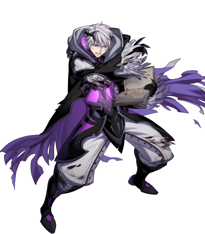 1boy book boots fire_emblem fire_emblem_awakening fire_emblem_heroes full_body gloves highres horns injury komiya_kuniharu male_focus non-web_source official_alternate_costume official_art robin_(fire_emblem) robin_(male)_(fire_emblem) robin_(male)_(resplendent)_(fire_emblem) solo teeth torn_clothes transparent_background white_hair wizard yellow_eyes