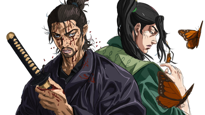 2boys black_hair blood blood_on_face brown_hair bug butterfly butterfly_on_hand grandguerrilla hair_bun highres holding holding_sword holding_weapon katana long_hair looking_at_viewer miyamoto_musashi_(vagabond) multiple_boys parted_lips ponytail sanpaku sasaki_kojirou_(vagabond) scabbard sheath single_hair_bun sword twitter_username unsheathing vagabond weapon