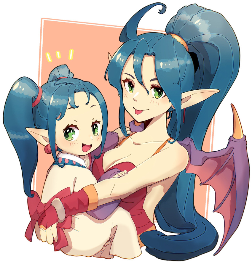 2girls aged_down blue_hair breasts breath_of_fire breath_of_fire_ii cleavage dragon_girl dragon_wings dual_persona earrings green_eyes highres jewelry long_hair looking_at_viewer multiple_girls naekam open_mouth patty_the_phantom_thief pointy_ears ponytail smile wings