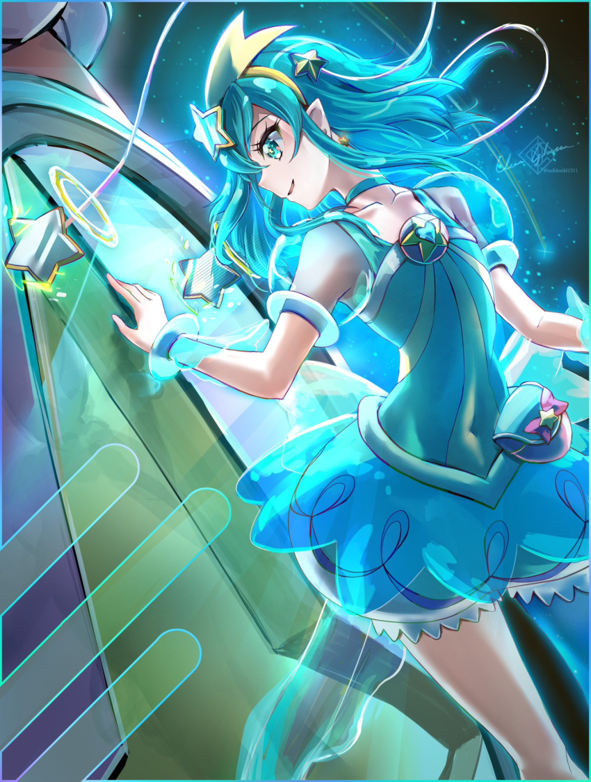 a.i._(precure) aqua_choker aqua_dress aqua_eyes aqua_hair aqua_pantyhose artist_name asymmetrical_clothes asymmetrical_legwear aura border choker clear_glass_(mildmild1311) commentary_request cure_milky dress earrings eyelashes female hagoromo_lala hair_ornament hairband happy highres jewelry light_smile magical_girl medium_hair multicolored_border pantyhose precure rocket signature single_leg_pantyhose smile solo spacecraft_interior standing star_(symbol) star_earrings star_hair_ornament star_twinkle_precure twitter_username wrist_cuffs