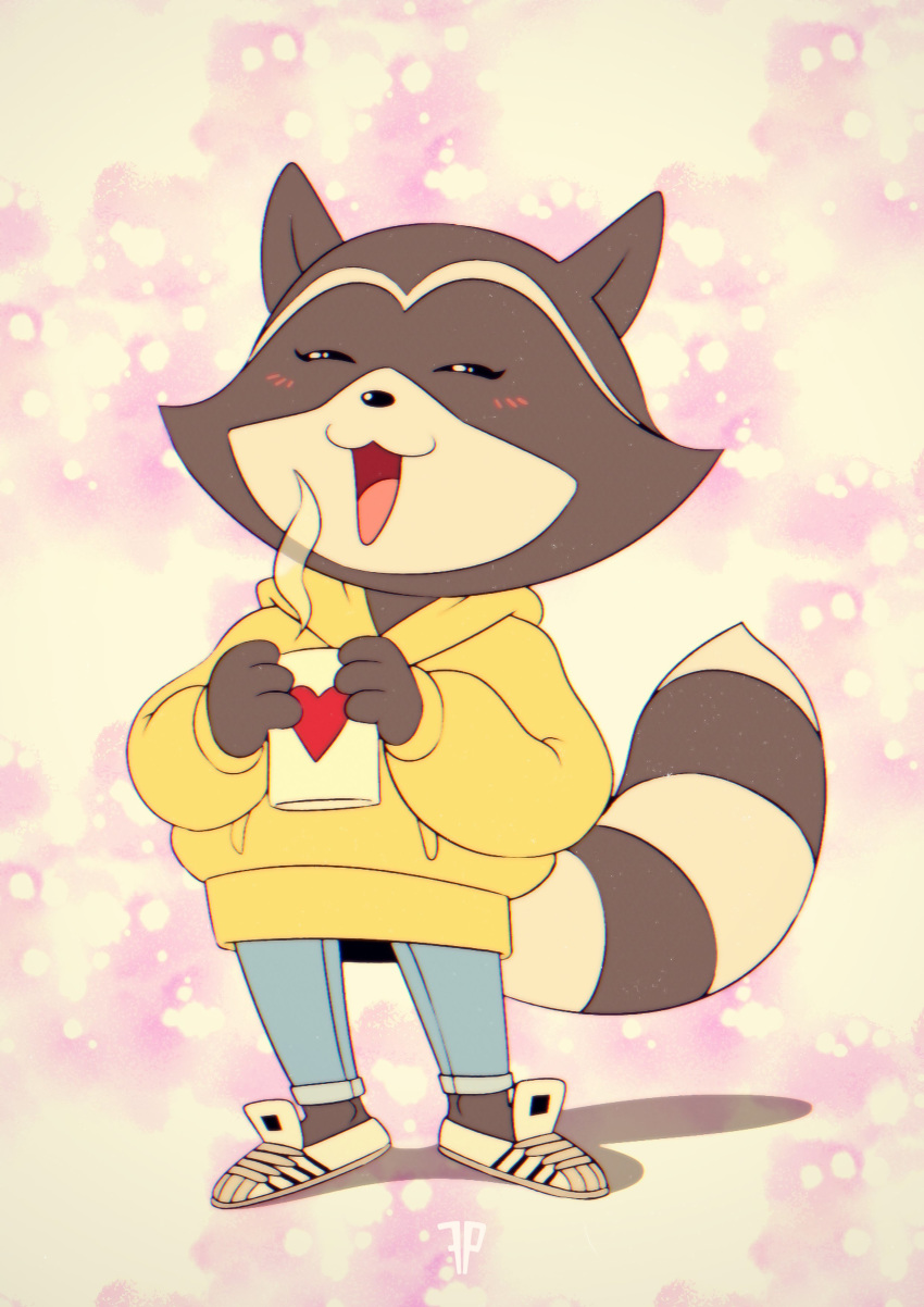 :3 absurd_res ambiguous_gender anthro better_version_at_source biped blush bottomwear chillhop chillhop_raccoon clothed clothing conditional_dnp container cup denim denim_bottomwear denim_clothing digital_media_(artwork) female footwear fox-pop full-length_portrait fully_clothed heart_symbol hi_res hoodie irreplaceable_bvas jeans mammal open_mouth pants portrait procyonid raccoon shoes smile sneakers solo standing steam topwear unavailable_at_source