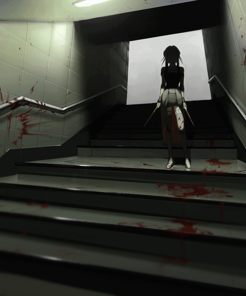 arms_at_sides bad_id bad_twitter_id black_dress black_thighhighs blood blood_on_clothes blood_on_wall blood_on_weapon blood_splatter ceiling_light chikapuka choker dagger dress dual_wielding facing_viewer female fluorescent_lamp hair_ornament highres holding holding_weapon indoors knife railing shade sidelocks sleeveless sleeveless_dress solo spikes spy_x_family stairs standing stiletto_(weapon) thighhighs tile_wall tiles train_(clothing) two-sided_fabric two-sided_skirt weapon wrist_cuffs yor_briar