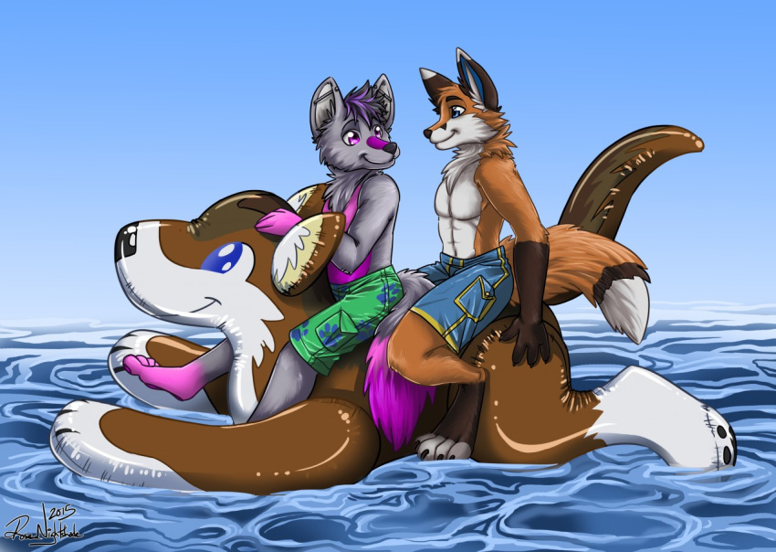 2015 animal_pool_toy canid canine canis clothing dated duo fox inanimate_object inflatable inflatable_ride inflatable_support inola legs_over_edge male mammal on_pool_toy over_edge pool_toy puffy_paws rosevnightshade_(artist) signature straddling swimwear tail_over_edge tico_wolf water wolf year