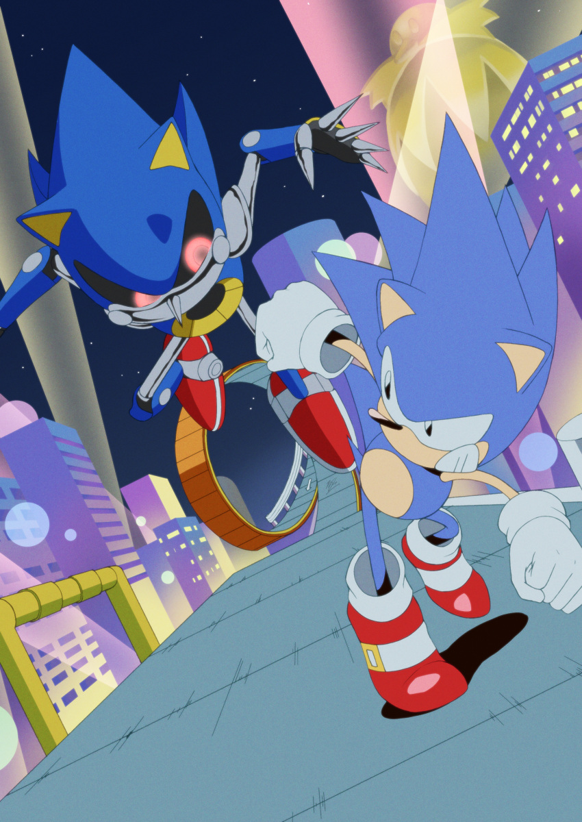 2boys absurdres banel_springer building clenched_teeth furry furry_male gloves highres male_focus metal_sonic multiple_boys racing retro_artstyle robot running shoes sneakers sonic_(series) sonic_cd sonic_the_hedgehog sonic_the_hedgehog_(classic) teeth white_gloves