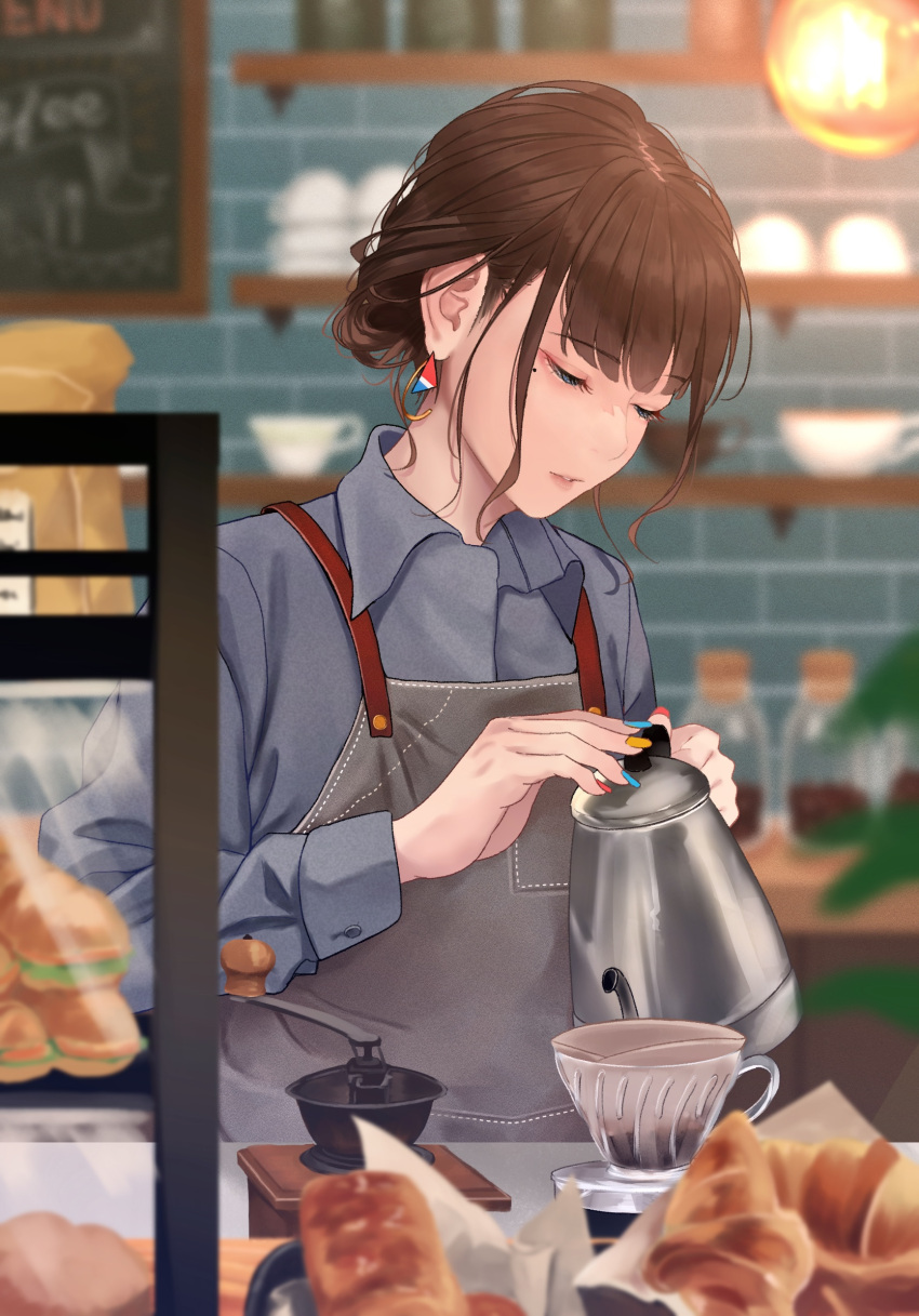 bad_id bad_pixiv_id barista blue_nails blurry blurry_background blurry_foreground brown_hair coffee_filter coffee_pot croissant cup disposable_coffee_cup disposable_cup earrings eyeliner female food half-closed_eyes highres jewelry makeup mole mole_under_eye multicolored_nails original red_nails saitou_(lynx-shrike) sandwich solo yellow_nails