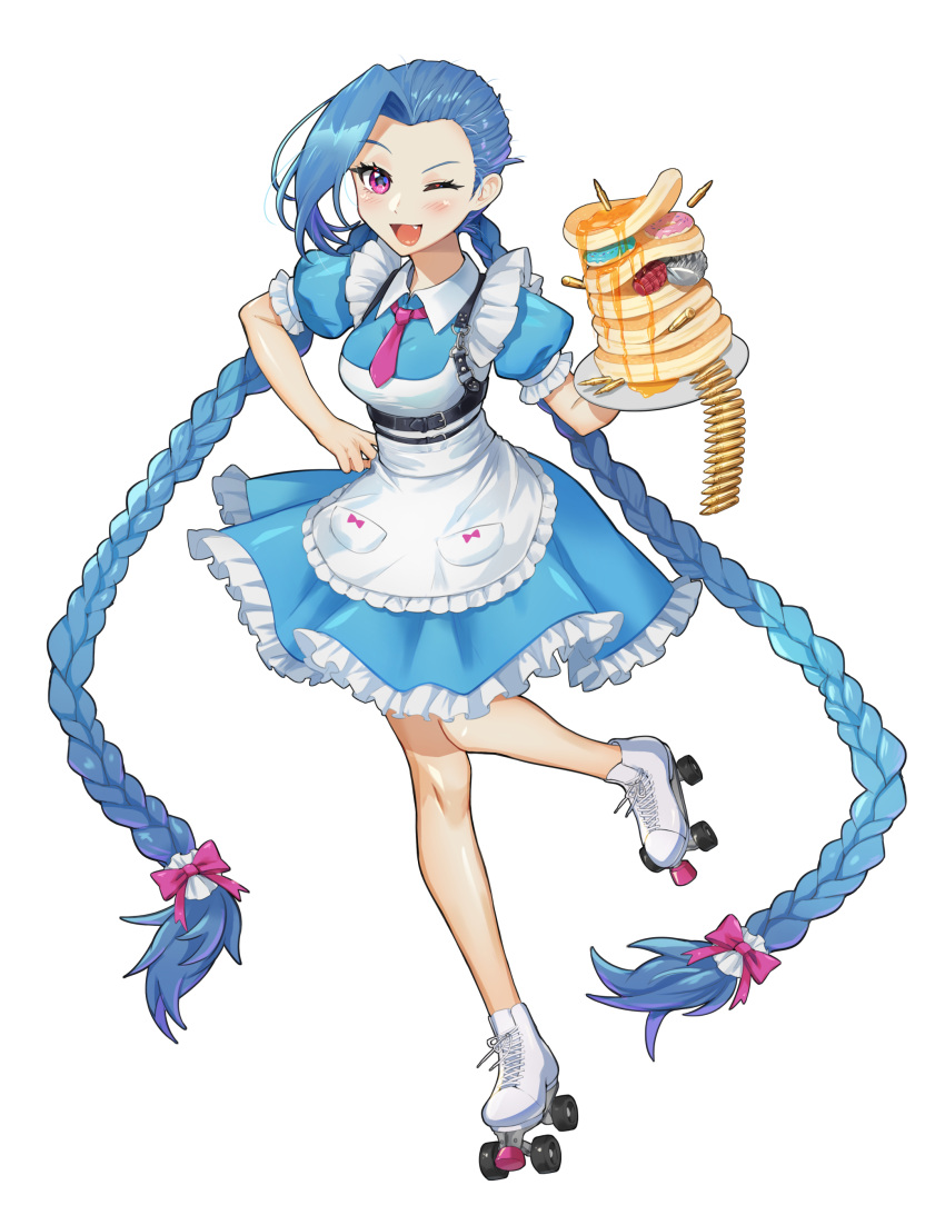 absurdres apron blue_dress blue_hair blush bow braid breasts bullet commentary dress female food foot_up frilled_apron frilled_dress frills full_body hand_up highres holding holding_plate jinx_(league_of_legends) laon league_of_legends long_hair medium_breasts oerba_yun_fang one_eye_closed open_mouth pancake pancake_stack plate puffy_short_sleeves puffy_sleeves roller_skates short_sleeves simple_background skates smile solo standing standing_on_one_leg twin_braids very_long_hair white_background