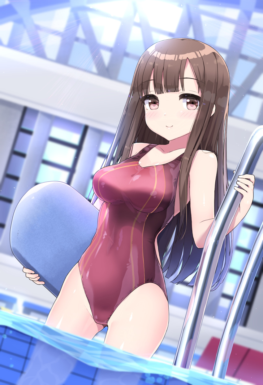 ass_visible_through_thighs blunt_bangs breasts brown_eyes brown_hair closed_mouth collarbone competition_swimsuit covered_navel cowboy_shot dutch_angle female highres holding idolmaster idolmaster_cinderella_girls indoors kickboard ktsecond looking_at_viewer medium_breasts mizumoto_yukari one-piece_swimsuit partially_underwater_shot pool pool_ladder red_one-piece_swimsuit smile standing steel_beam swimsuit wading water window