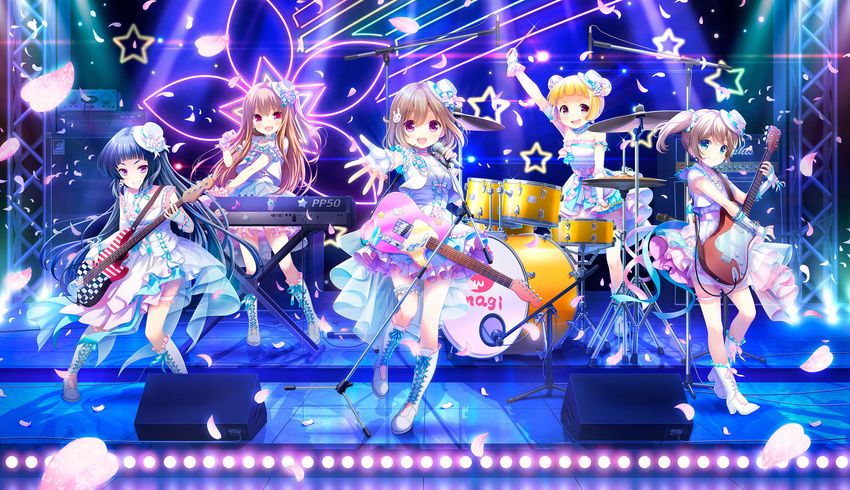 5girls arm_up asahina_momoko band bass_guitar black_hair blonde_hair boots brown_hair cherry_blossoms concert dress drum drum_set drumsticks electric_guitar etou_kurumi girlfriend_(kari) guitar hair_ornament hat highres instrument kazemachi_haruka keyboard_(instrument) kurokawa_nagiko long_hair looking_at_viewer medium_hair microphone multiple_girls music open_mouth photoshop_(medium) qp:flapper red_eyes side_ponytail singing speaker stage yomogida_sumire