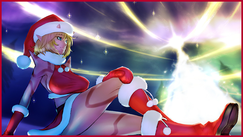 blonde_hair blue_eyes boots breasts christmas dragon_quest dragon_quest_x female gloves hat hayama_yuujirou hayami_yuujirou horns large_breasts long_hair monster_girl ogre_(dq10) pointy_ears red_skin santa_costume santa_hat sitting smile solo spikes tattoo