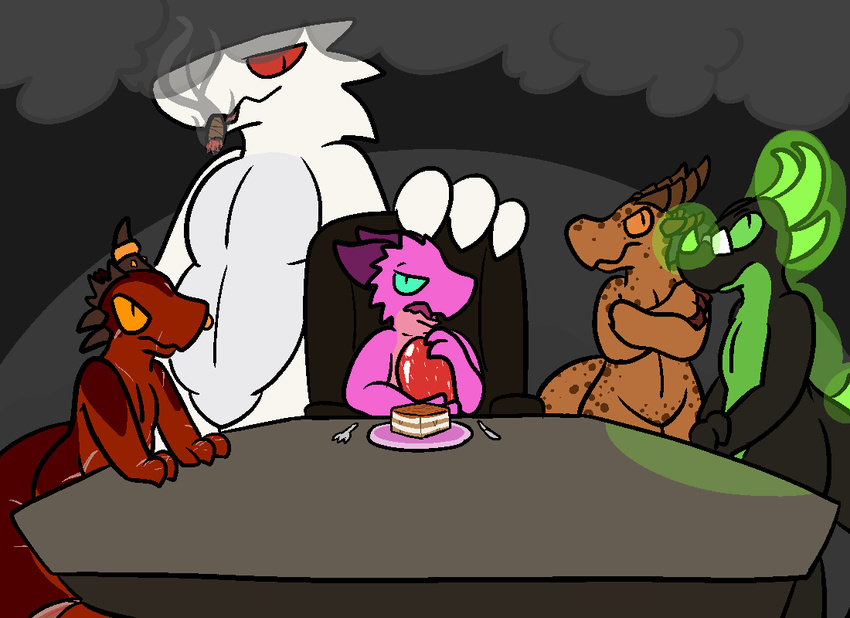 2016 aliasing anthro blue_eyes cake chair cigar cutlery dessert digital_media_(artwork) egg eyewear food fork furniture glasses glowing green_eyes group horn kitchen_utensils knife kobold nude orange_eyes paprika_(knightsquiggles) radioactive red_eyes reptile rust_(k0bold) scalie scar simple_background smoke smoking spaffy table tools tritium_(kotetsu) trout_(artist) vim_(coshiboyer)