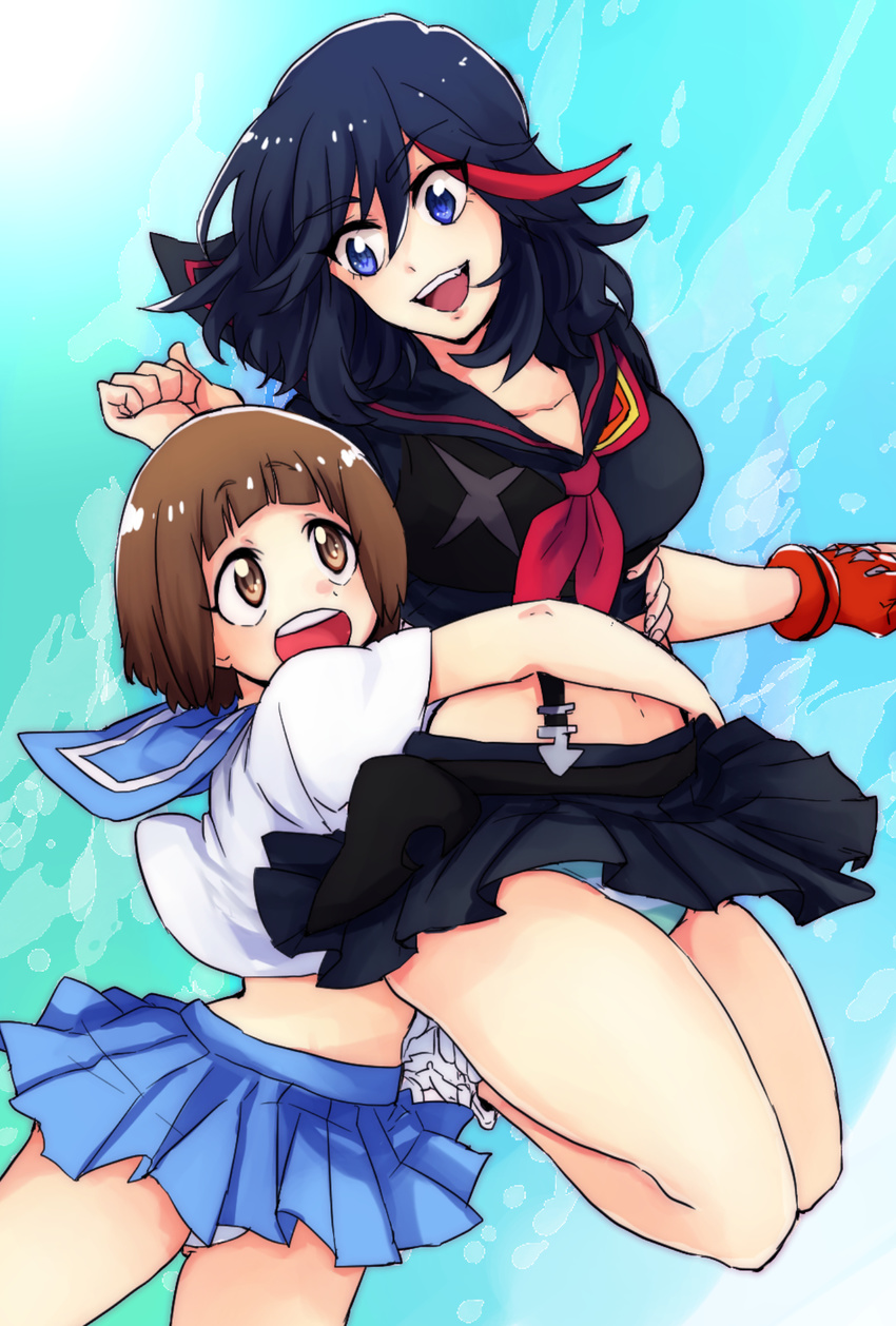 2girls black_hair blue_eyes brown_eyes brown_hair commentary_request gloves highres hug hug_from_behind kill_la_kill mankanshoku_mako matoi_ryuuko midriff multicolored_hair multiple_girls navel school_uniform senketsu serafuku short_hair single_glove skirt streaked_hair suspenders yunkru