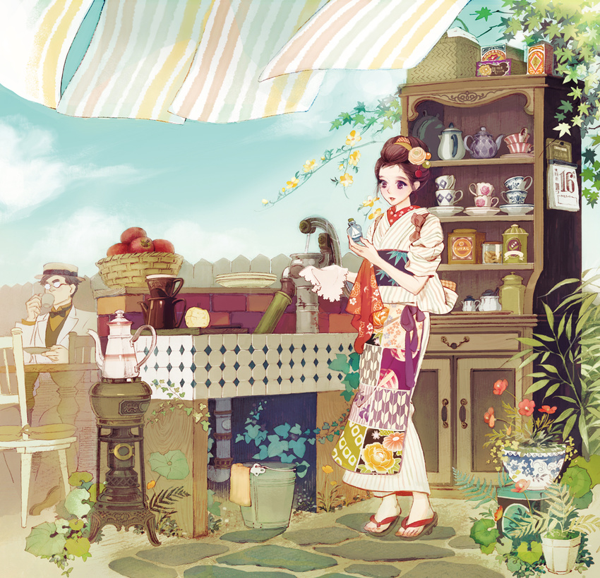 1boy apple apron basket black_hair bottle bow bowtie bucket cabinet calendar_(object) chair commentary_request cup drinking female flower food formal fruit full_body geta glasses hair_flower hair_ornament hair_up hairband hand_pump hat industrial_pipe japanese_clothes kettle kimono leaf matsuo_hiromi original overgrown plant plate potted_plant pump purple_eyes sandals saucer ship_in_a_bottle short_hair sitting standing suit table tea_set teacup teapot tiles towel traditional_bowtie water_pump yagasuri