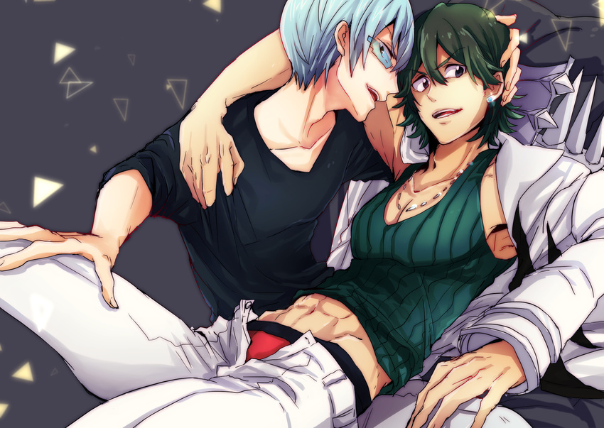 2boys abs arm_around_neck blue_hair commentary_request earrings glasses green_hair hand_on_another's_head highres inumuta_houka jewelry kill_la_kill male_focus multiple_boys muscular necklace on_lap sanageyama_uzu underwear yaoi yunkru