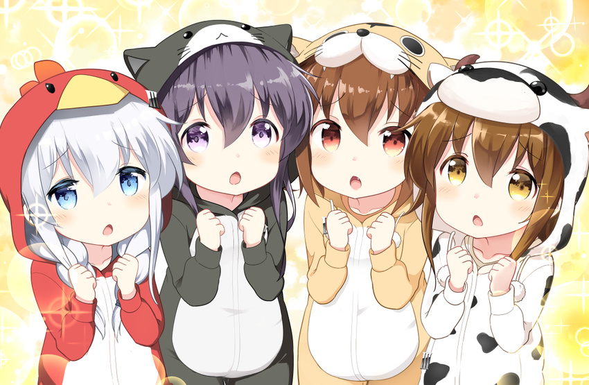 4girls akatsuki_(kancolle) alternate_costume alternate_hairstyle animal_hood animal_print bell_(oppore_coppore) bird_hood blue_eyes brown_eyes brown_hair cat_hood clenched_hands commentary cow_hood cow_print gochuumon_wa_usagi_desu_ka? has_bad_revision hibiki_(kancolle) hood hood_up hoodie ikazuchi_(kancolle) inazuma_(kancolle) kantai_collection long_hair long_sleeves md5_mismatch multiple_girls oerba_yun_fang onesie open_mouth pajamas parody pom_pom_(clothes) purple_eyes purple_hair resolution_mismatch source_smaller sparkle_background tiger_hood tiger_print tokimeki_poporon white_hair