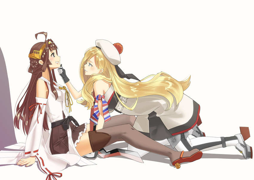 2girls ahoge armband bad_id bad_nicoseiga_id bare_shoulders beret black_skirt blonde_hair blue_eyes boots brown_hair commentary detached_sleeves double_bun dress fujimo_ruru gloves grey_eyes hair_bun hairband hat headgear japanese_clothes kantai_collection kongou_(kancolle) long_hair mole mole_under_eye multicolored_clothes multicolored_gloves multiple_girls nontraditional_miko pleated_skirt pom_pom_(clothes) ribbon-trimmed_sleeves ribbon_trim richelieu_(kancolle) skirt smile strapless strapless_dress thigh_boots thighhighs very_long_hair wide_sleeves yuri