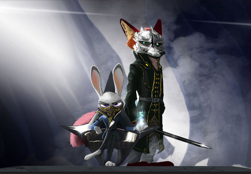 2016 absurd_res anthro arkane_studios canid canine chair clothed clothing crossed_legs crossover digital_media_(artwork) dipstick_ears dishonored disney duo ear_markings female fire fox furniture green_eyes hi_res holding_melee_weapon holding_object holding_sword holding_weapon judy_hopps lagomorph lens_flare leporid looking_at_viewer magic male mammal mask melee_weapon microsoft multicolored_ears nick_wilde purple_eyes rabbit red_fox sitting smoke standing sword thewyvernsweaver throne true_fox weapon zootopia