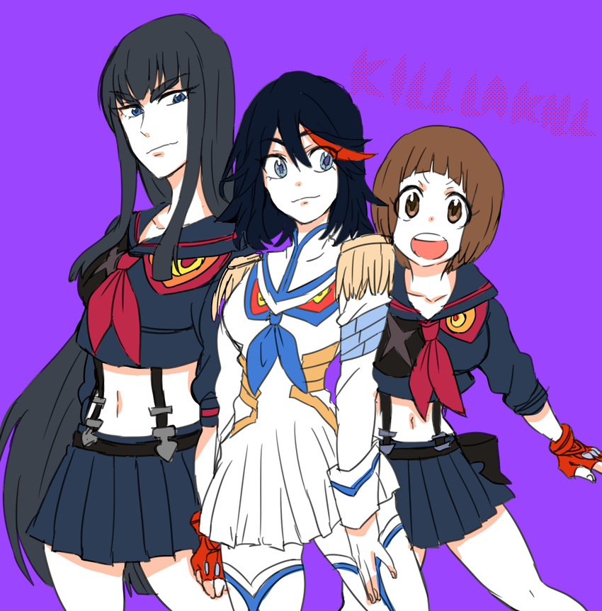 3girls black_hair blue_eyes brown_eyes brown_hair commentary_request cowboy_shot crop_top dress epaulettes junketsu kill_la_kill kiryuuin_satsuki long_hair mankanshoku_mako matoi_ryuuko midriff multiple_girls navel pleated_skirt school_uniform senketsu serafuku short_hair siblings sisters skirt suspenders yunkru