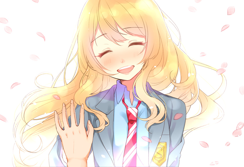 blonde_hair blush closed_eyes commentary_request female highres long_hair miyazono_kawori necktie nerunnn out_of_frame petals pov pov_hands school_uniform shigatsu_wa_kimi_no_uso solo_focus