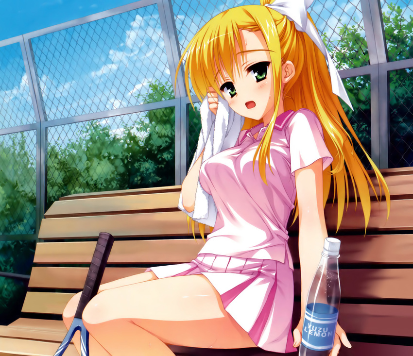 bench blonde_hair bottle breasts chain-link_fence female fence green_eyes hair_ribbon highres kanemoto_akari kobuichi looking_at_viewer medium_breasts noble_works ponytail racket ribbon shirt sitting solo sportswear taut_clothes taut_shirt tennis_racket tennis_uniform towel