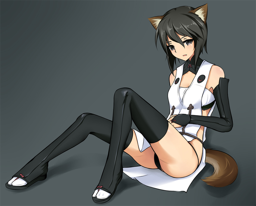 armedshipyard black_hair black_legwear black_panties breasts commentary_request female hand_on_own_stomach japanese_clothes kuroe_ayaka panties short_hair small_breasts solo strike_witches_zero underwear world_witches_series