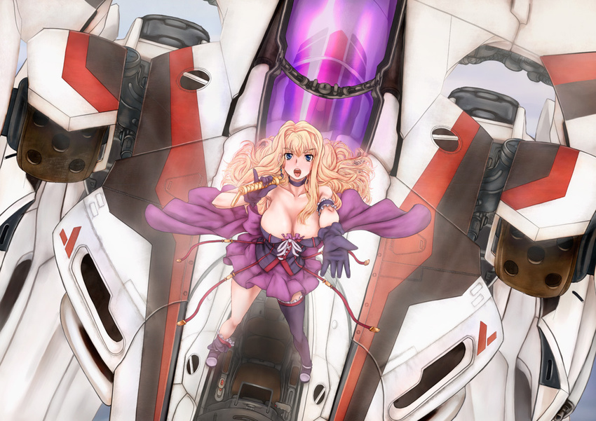 blonde_hair blue_eyes breasts cockpit floating gerwalk gloves large_breasts long_hair macross macross_frontier mecha microphone music outstretched_arm outstretched_hand pinky_out scharfschutze sheryl_nome singing single_thighhigh thighhighs vf-25